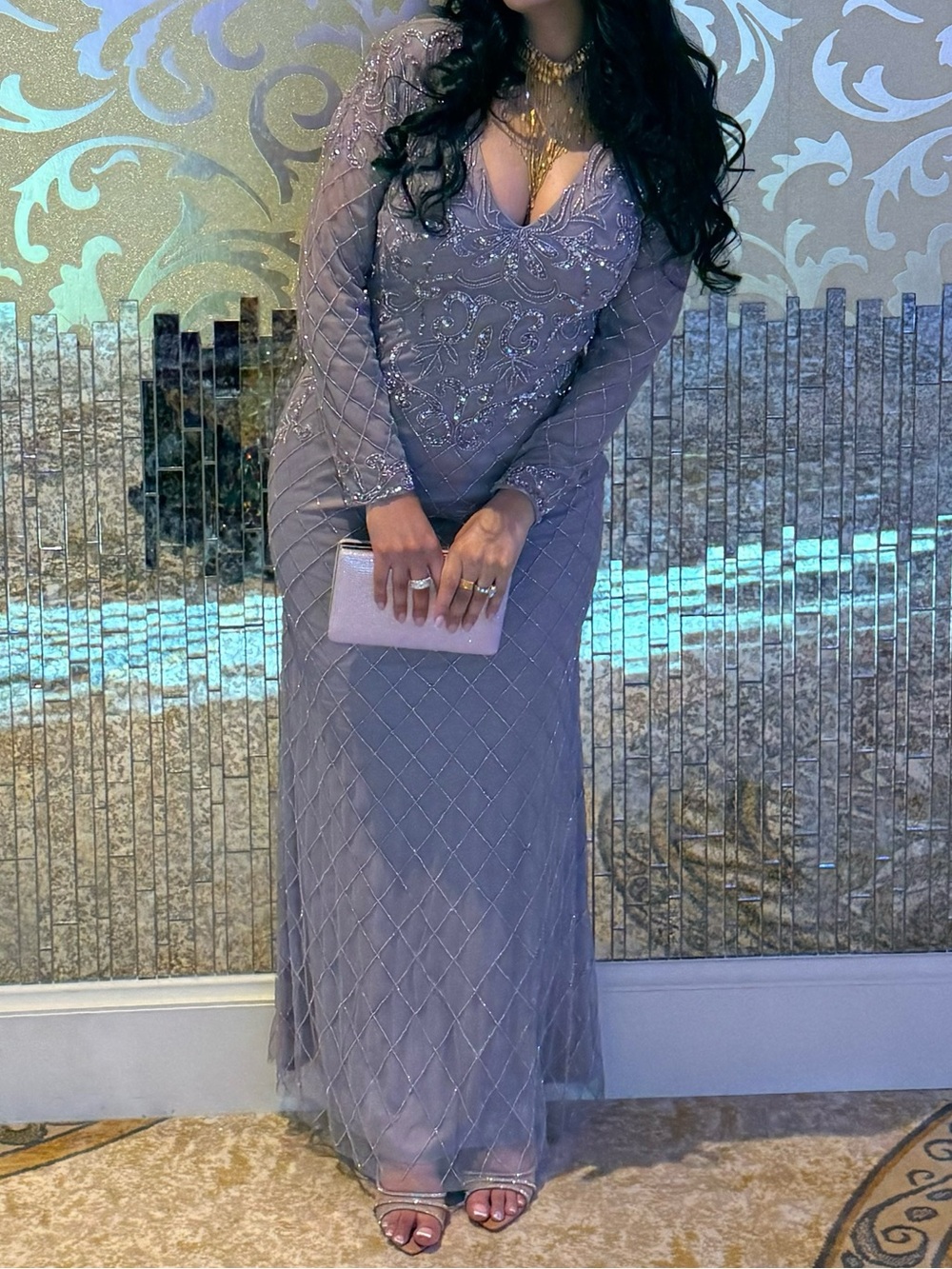 LARA Lavender Beaded Long Sleeve Evening Gown